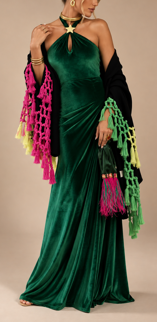 Green Velvet Top and Skirt Set