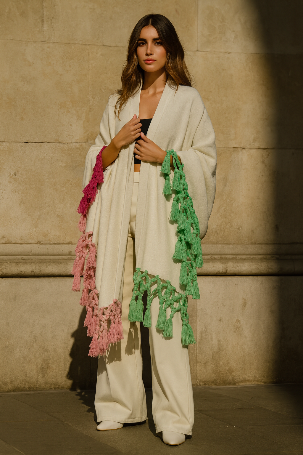 Antique White Cape with Multicolor Fringe