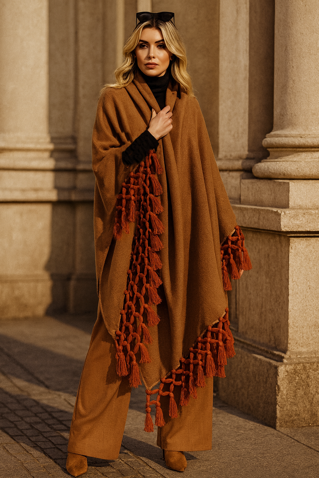 Solid Color Biscuit Fringe Cape