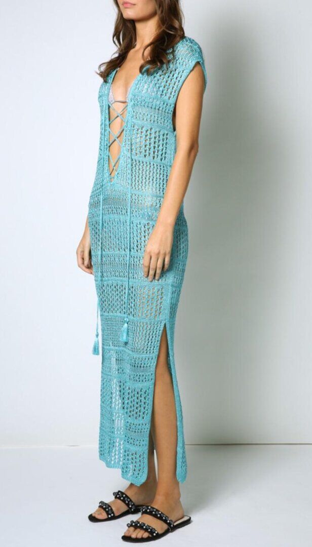 Long luxury glitter net dress in light blue