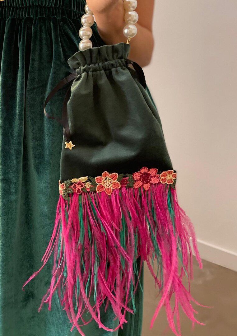 Green Velvet Mini Bag with Feathers