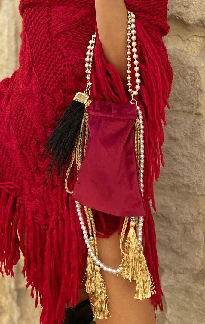 Mini Bag Velluto Rosso Scuro con Perle