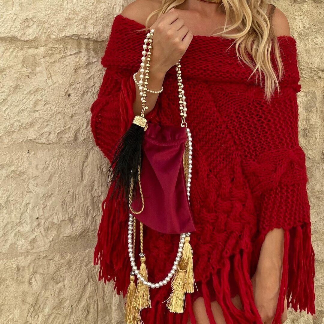 Mini Bag Velluto Rosso Scuro con Perle