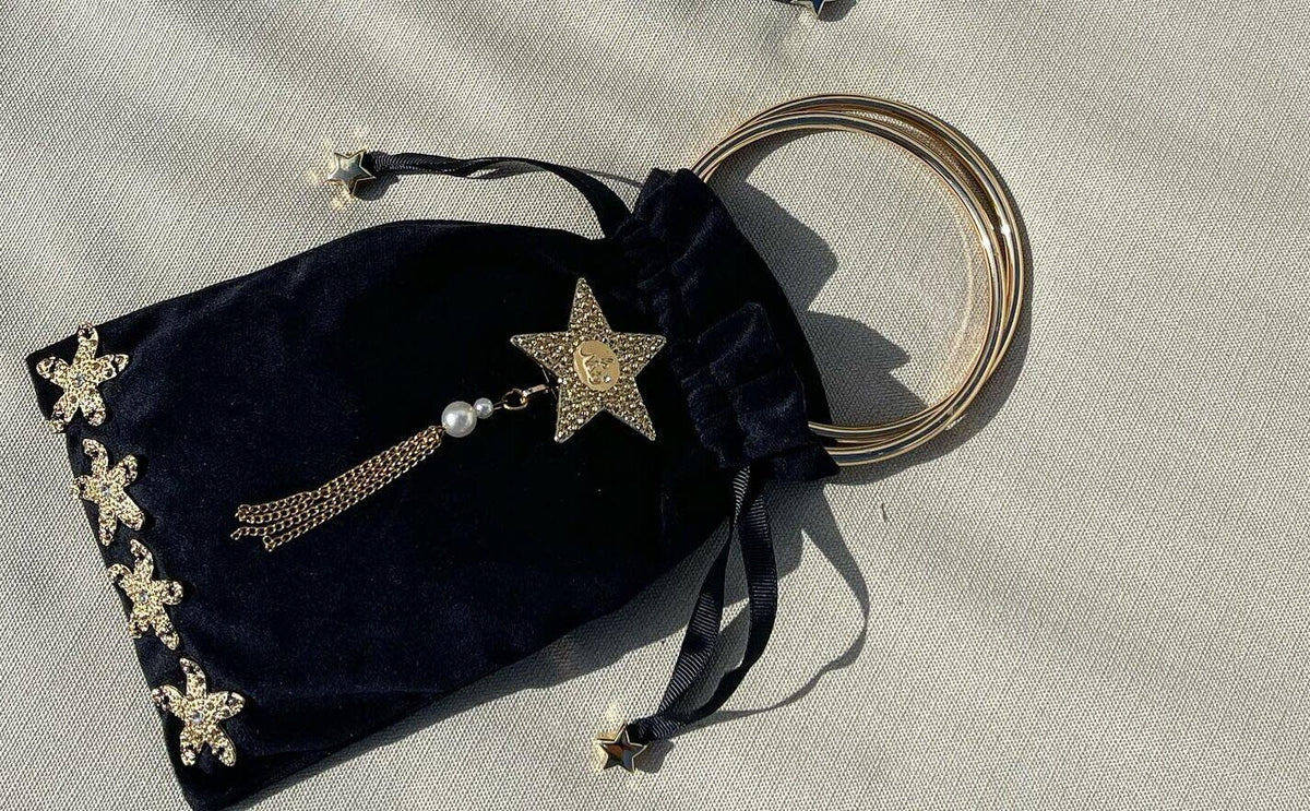 Black Velvet Mini Bag with Gold Stars