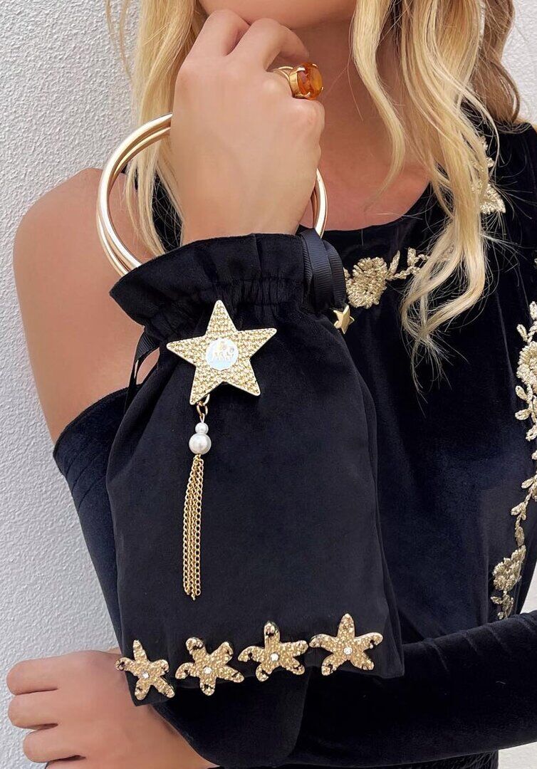 Black Velvet Mini Bag with Gold Stars