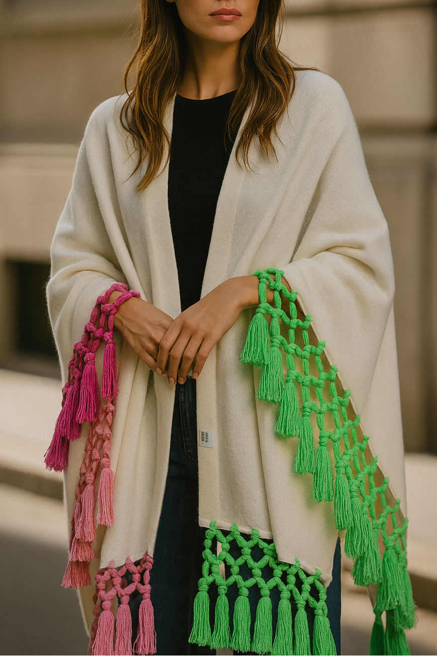 Antique White Cape with Multicolor Fringe