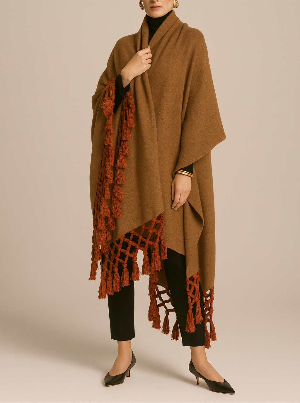 Solid Color Biscuit Fringe Cape