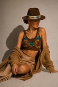 Biscuit-colored Chenille Hat with Flowers