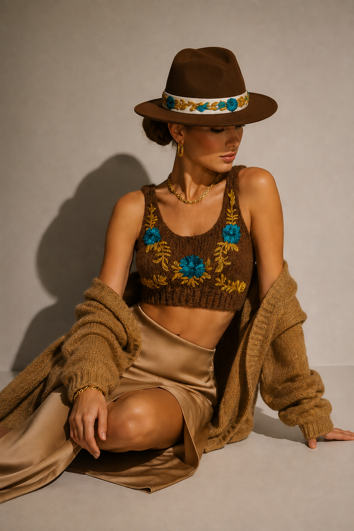 Biscuit-colored Chenille Hat with Flowers
