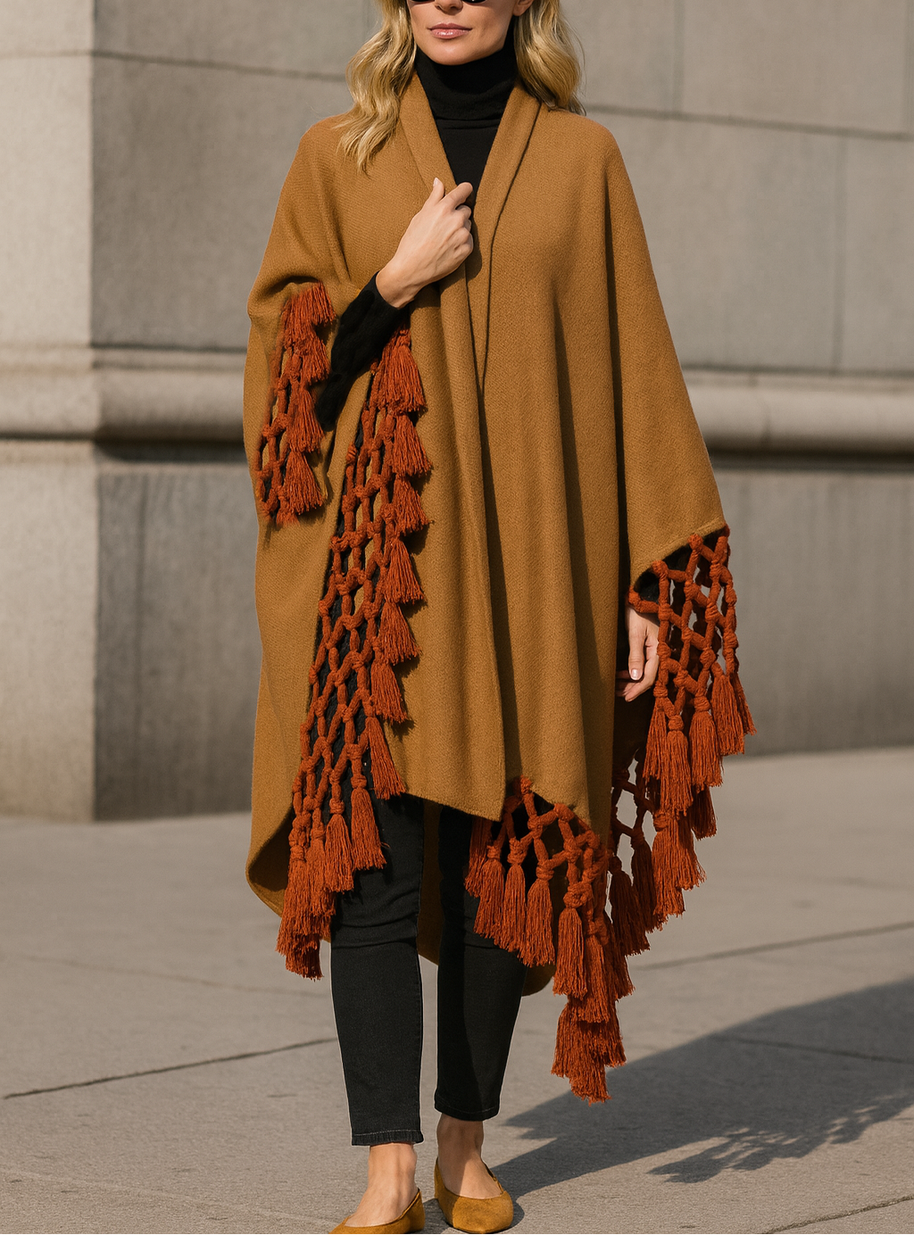 Solid Color Biscuit Fringe Cape
