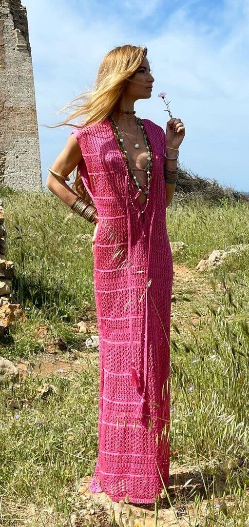 Luxury Long Fuchsia Glitter Net Dress