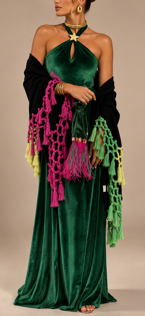 Black Multicolor Fringe Cape