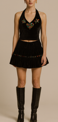 Completo Maglia Giromanica e Gonna Velluto Nero Strass Colorati