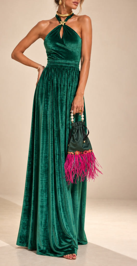 Green Velvet Top and Skirt Set