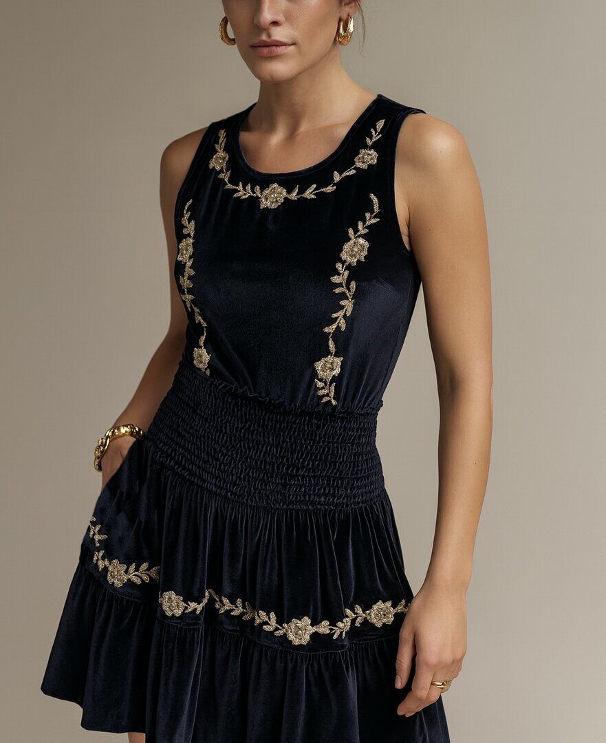 Sleeveless Top and Velvet Skirt Set with Gold Glitter Embroidered Flowers