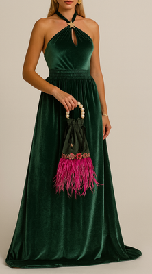 Green Velvet Mini Bag with Feathers