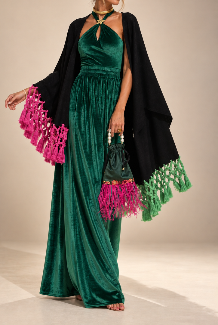 Green Velvet Top and Skirt Set