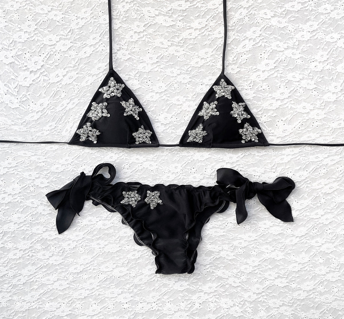 Little Star Triangle Bikini Black Silver Stars