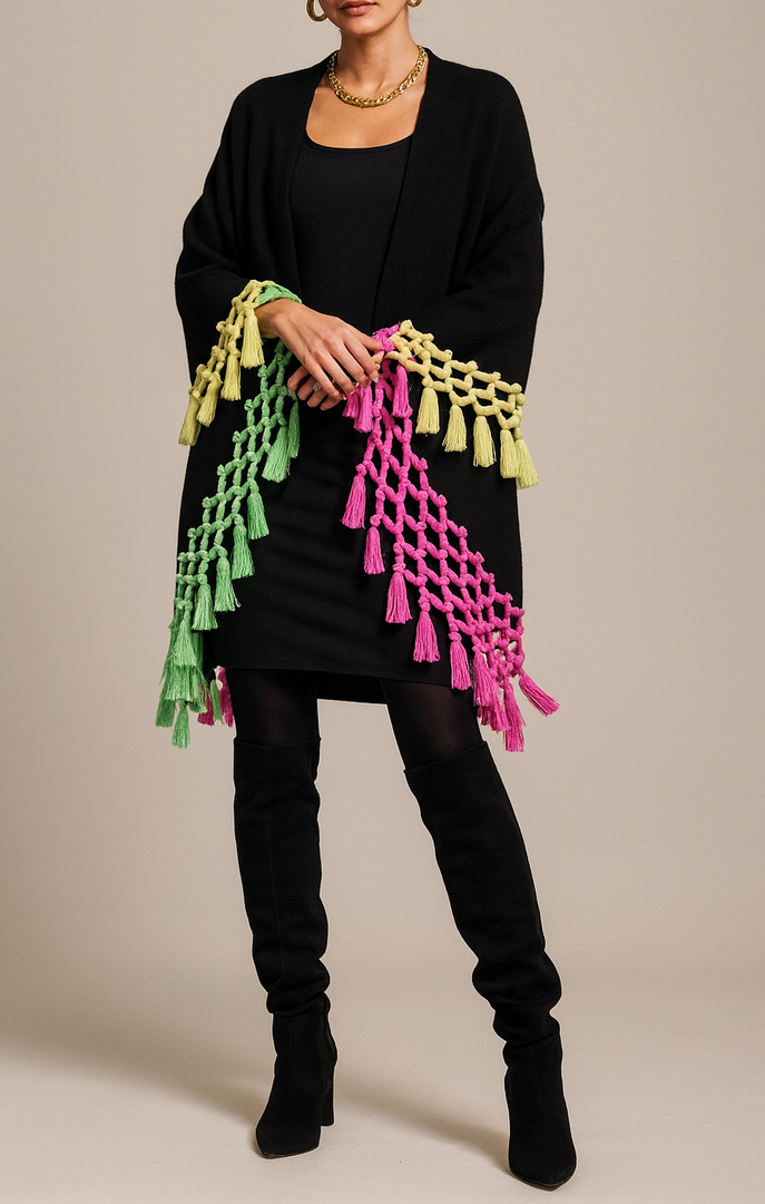 Black Multicolor Fringe Cape