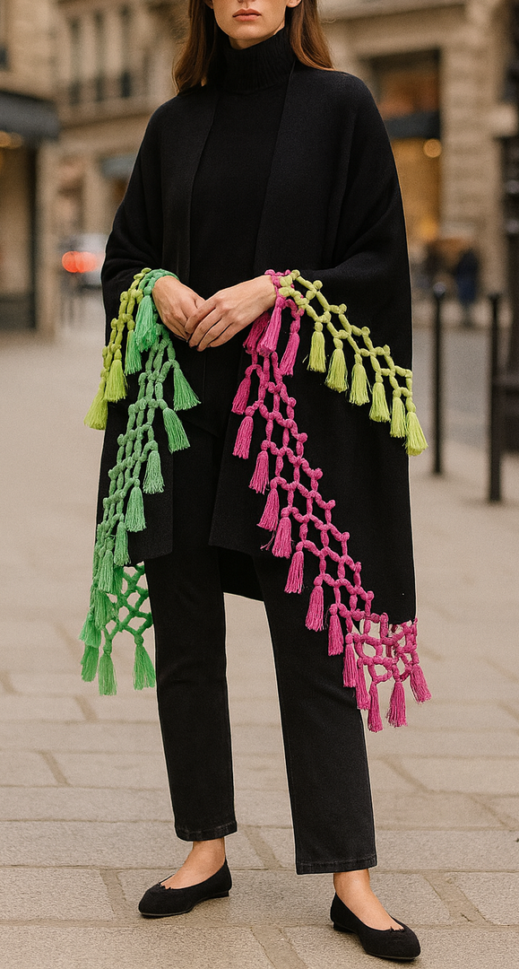 Black Multicolor Fringe Cape