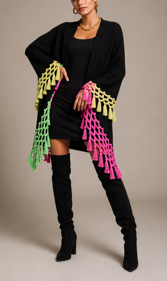 Black Multicolor Fringe Cape