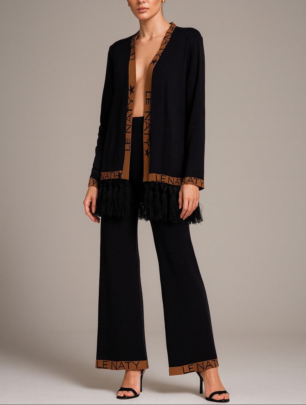 Cardigan Frange Nero e Biscotto