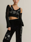 Top Fiori Corto Nero Alpaca Ricami Lurex Dark Grey