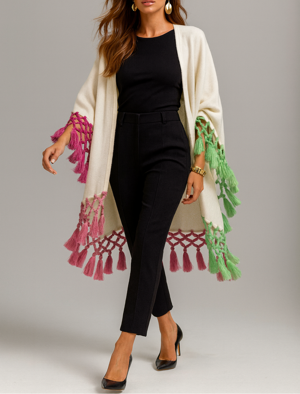 Antique White Cape with Multicolor Fringe