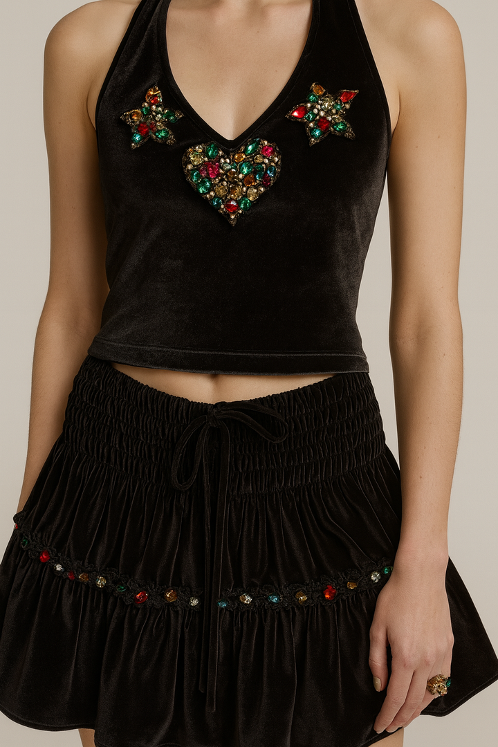 Completo Maglia Giromanica e Gonna Velluto Nero Strass Colorati