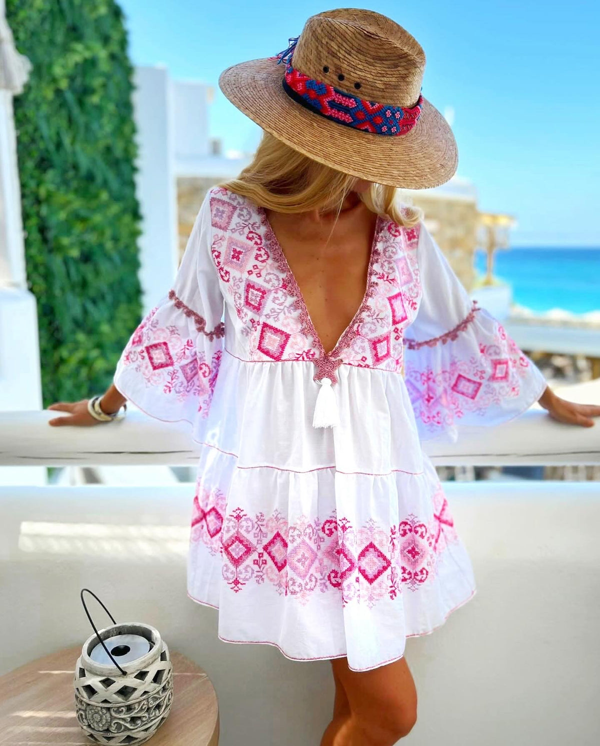 Pink Cross-Stitch White Mini Dress