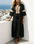 Long Black Floral Dress Ecru