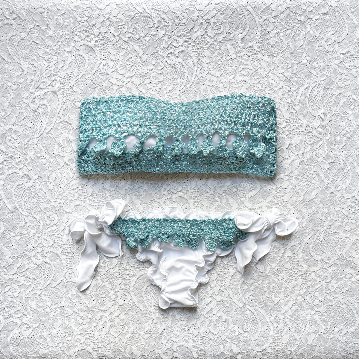 Bikini Fascia Glitter Barocco Bianco Glitter Cielo