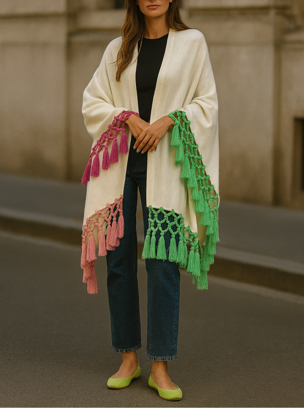 Antique White Cape with Multicolor Fringe