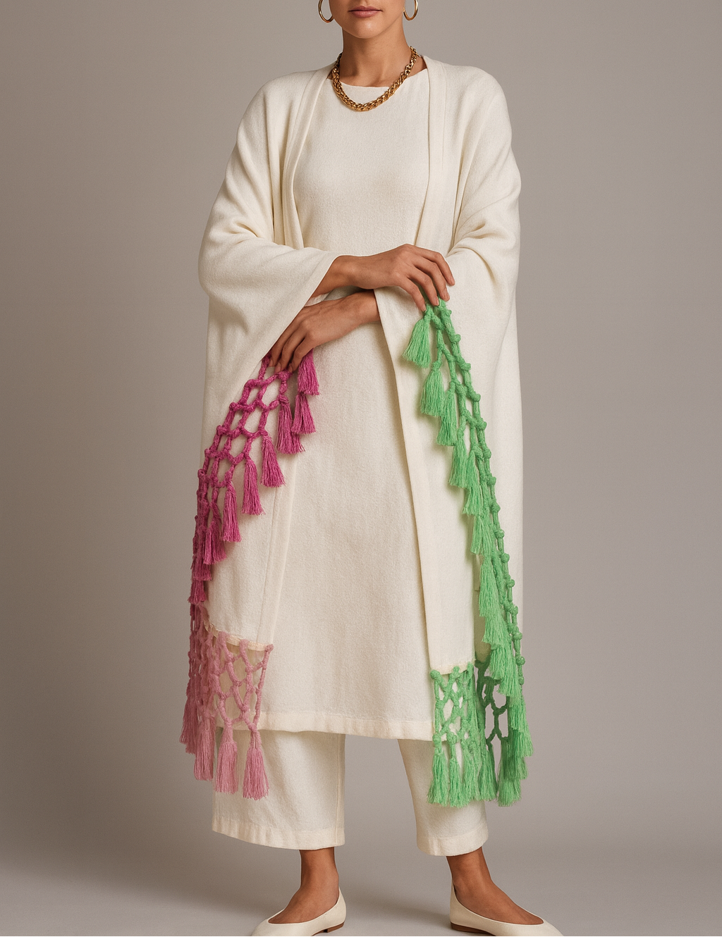 Antique White Cape with Multicolor Fringe