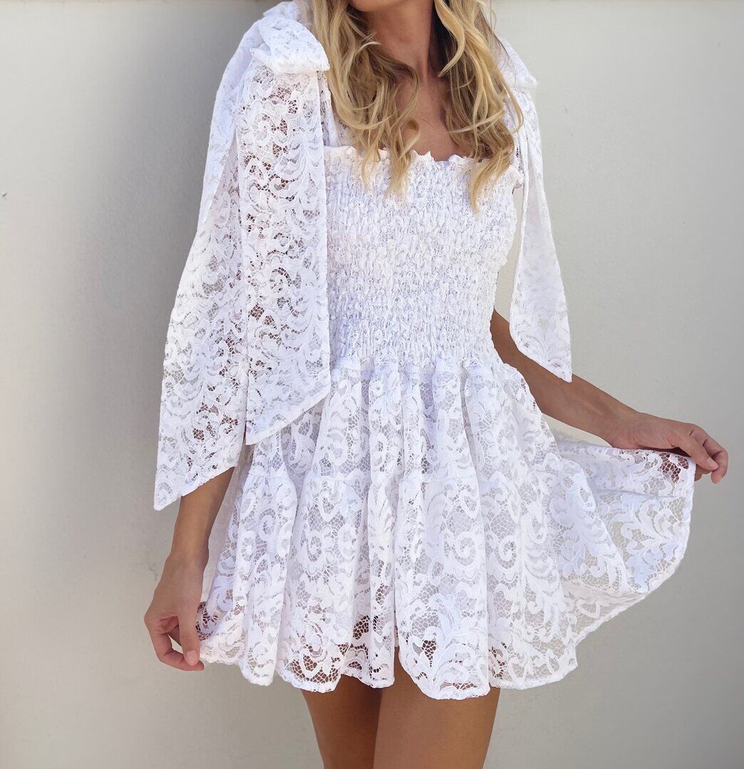 White Bow Lace Mini Dress
