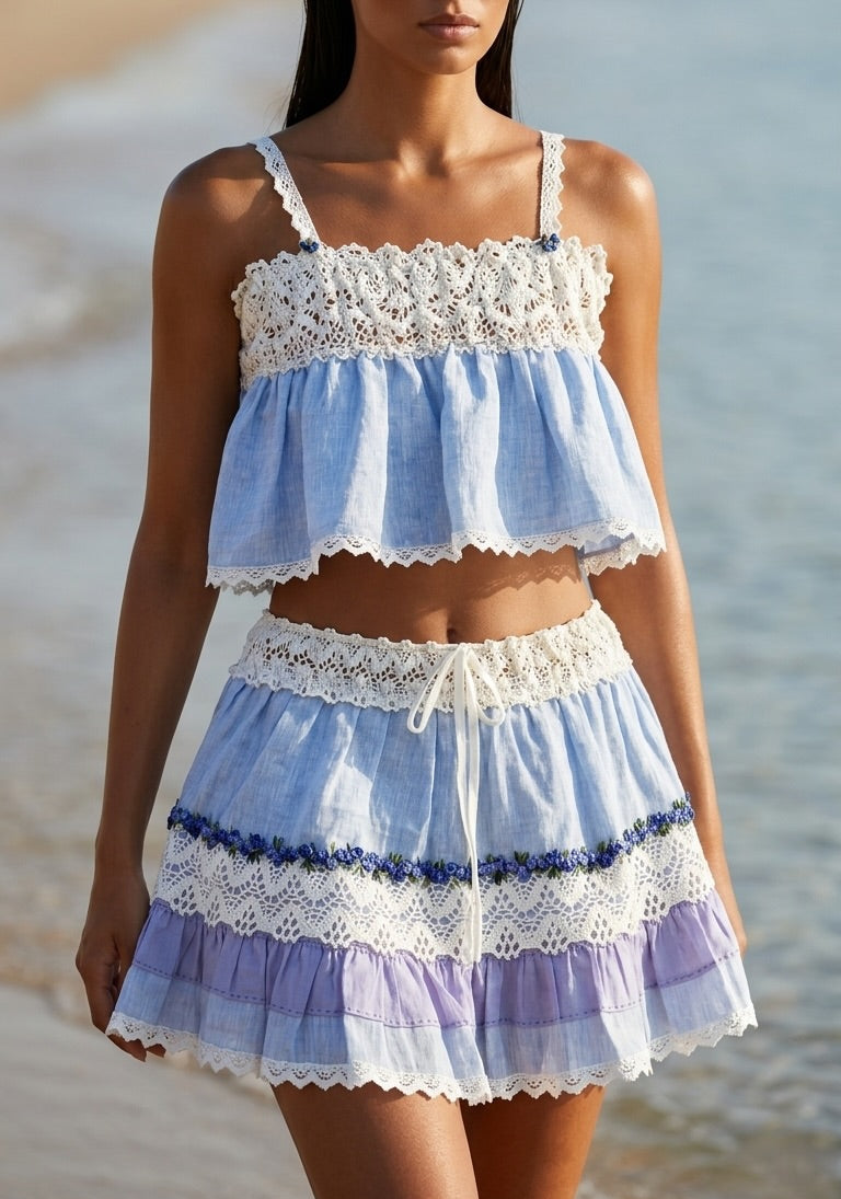 Top e Gonna Lilly Lino Azzurro