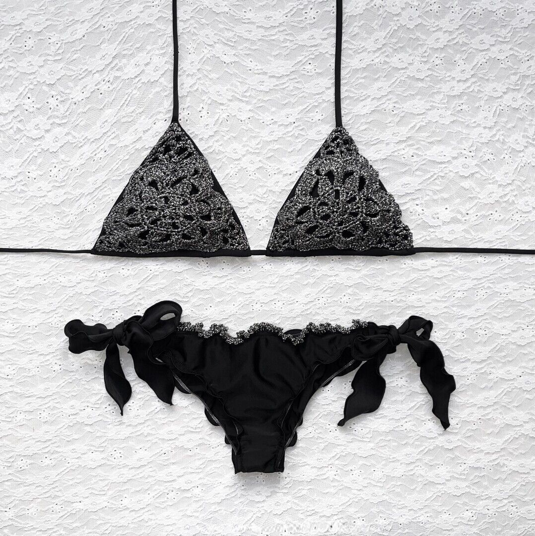 Bikini Triangolo Glitter Fiore del Mare Nero Dark Silver Luxury