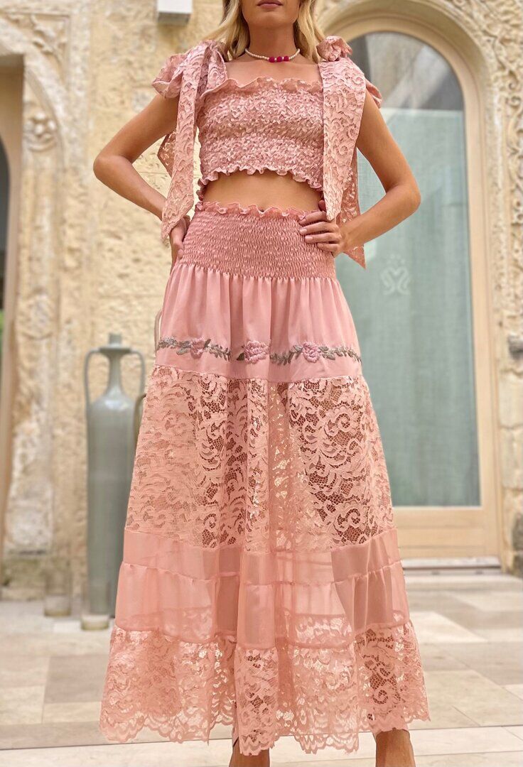 Top Fiocco e Gonna Lunga Rosa Pizzo Fiori Ricami Glitter
