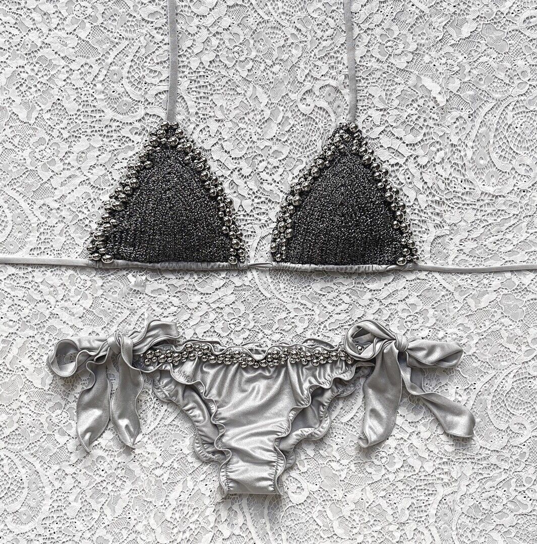Silver Pearls Triangle Bikini Dark Silver Glitter Cup