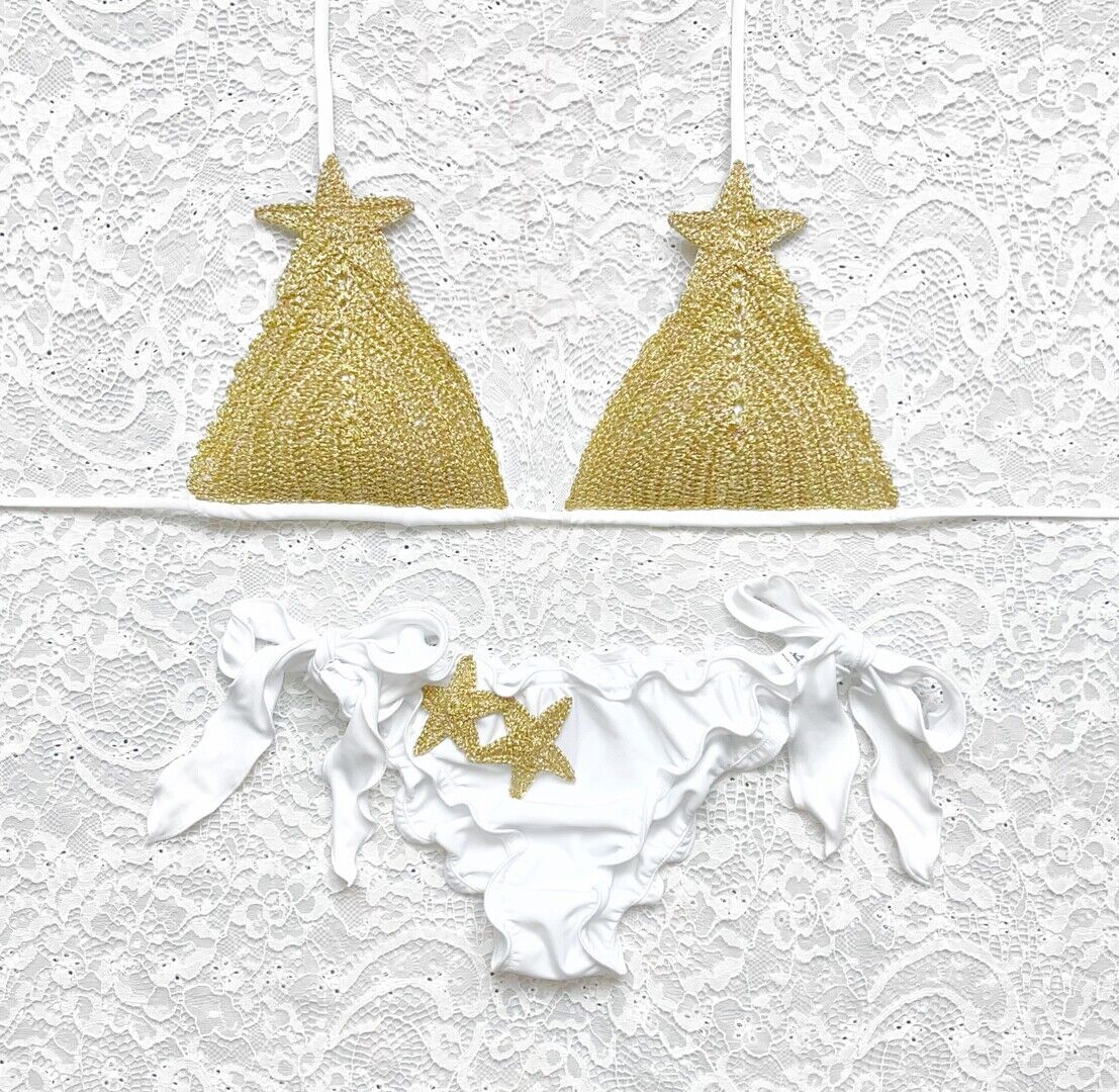 White and Gold Glitter Star Luxury Triangle Bikini