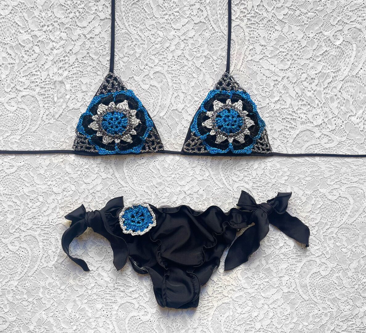 Black and Blue Multicolor Passiflora Triangle Bikini