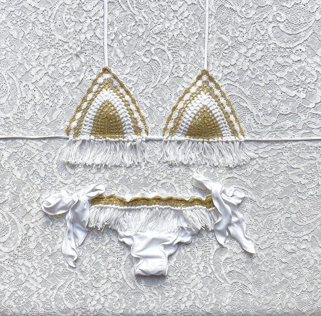 Bikini Triangolo Gipsy Frange Bianco e Oro
