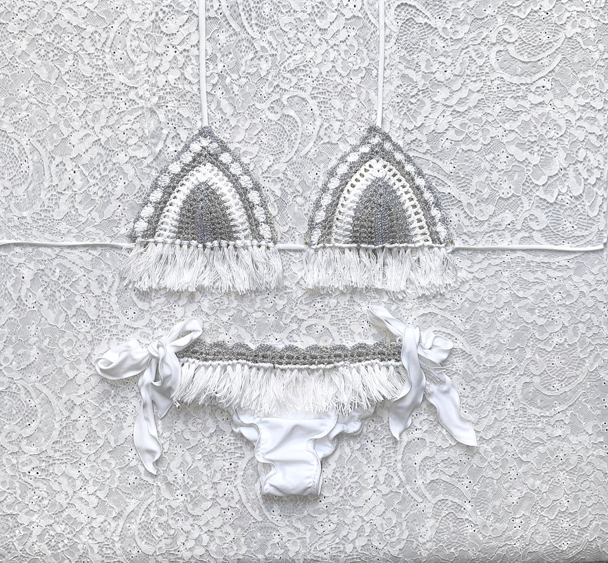 White and Silver Gipsy Fringed Triangle Bikini