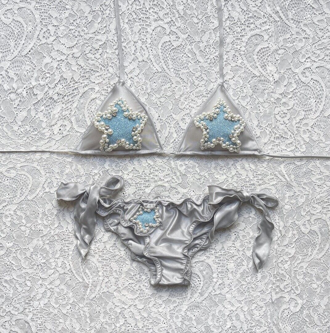 Silver Starry Pearl Triangle Bikini Blue Star