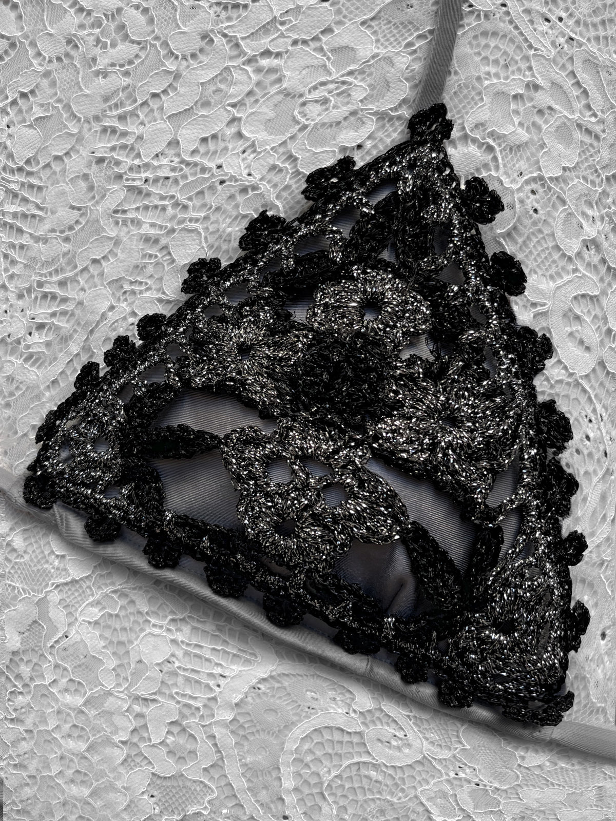 Dark Grey Lamé and Black Bicolor Pansy Triangle Bikini Limited Edition