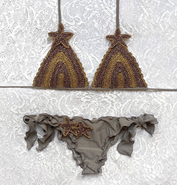 Bikini Triangolo Glitter Star Righe Fango Righe Oro e Terra