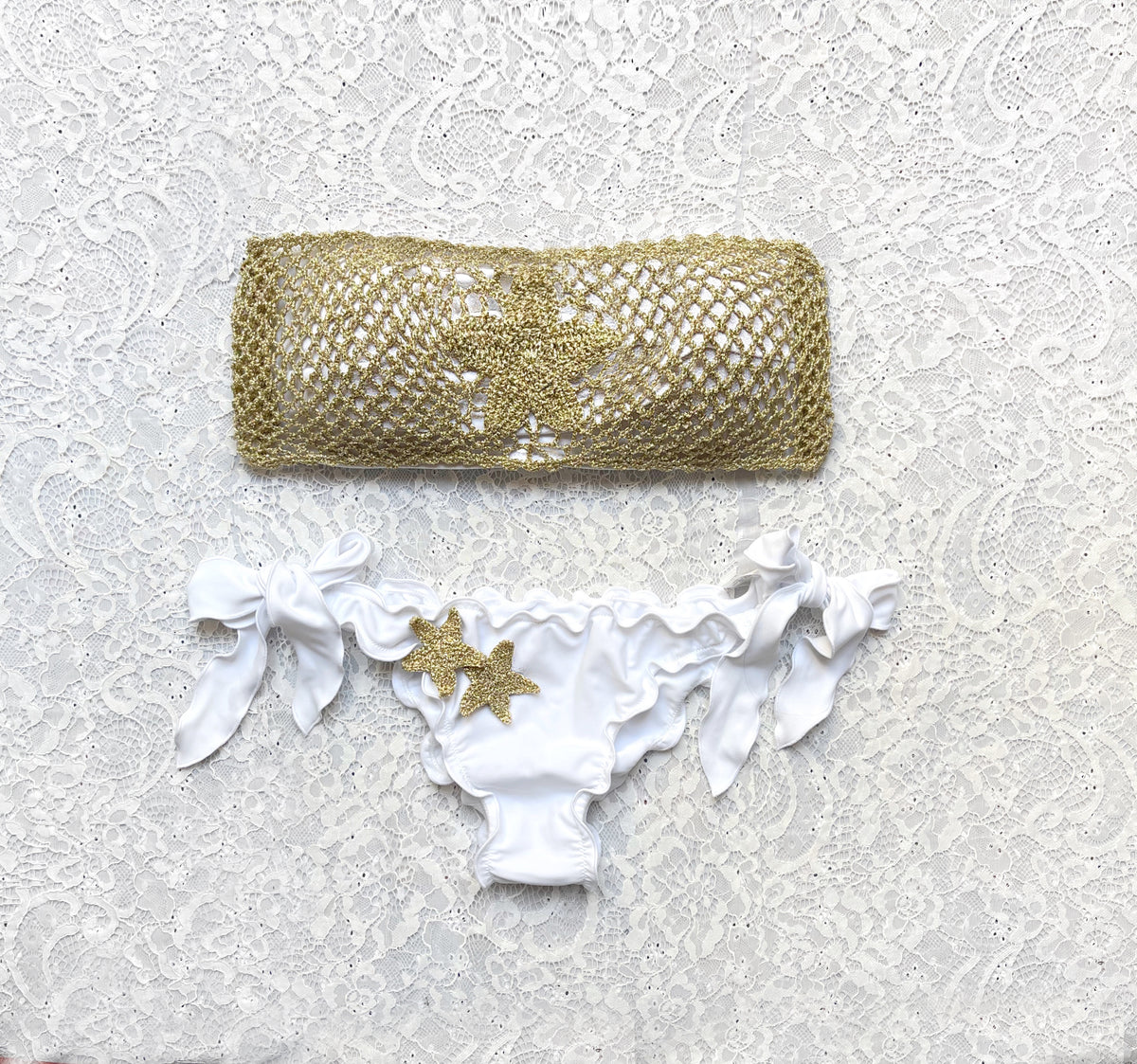 White and Gold Glitter Starfish Bandeau Bikini Limited Edition
