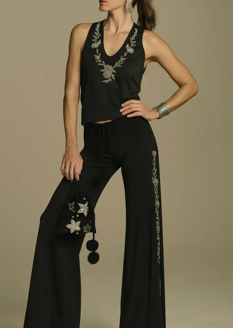Top Velluto Fiori Glitter Dark Grey