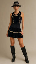 Sleeveless Top and Velvet Skirt Set with Gold Glitter Embroidered Flowers