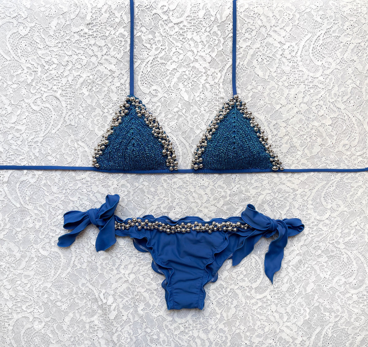 Bikini Triangolo Perle d'Argento Coppa Glitter Blu